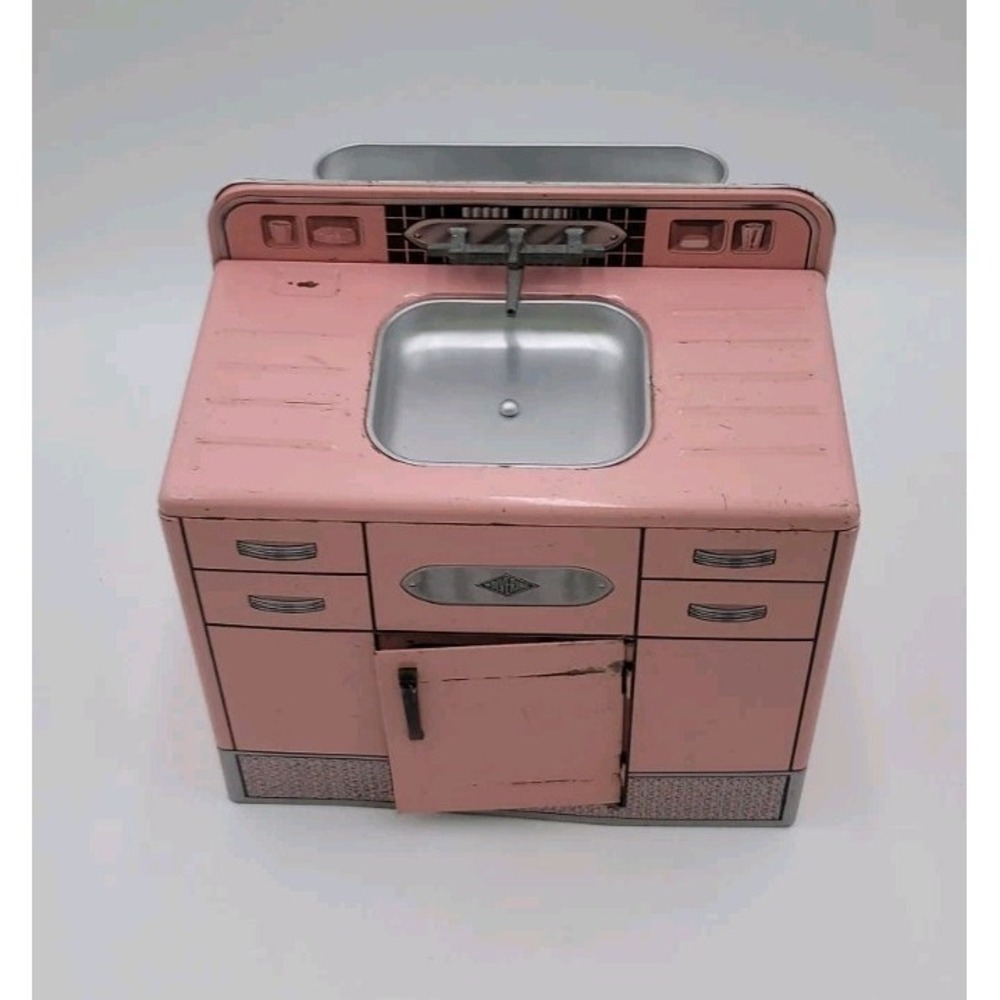 VTG 1950s Wolverine Pink Tin Litho Toy Kitchen Sink Mid Century Dolls